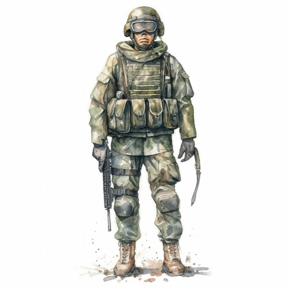 military, soldier, camouflage, camo, khaki, tan, olive green, sage green, desert tan, brown, tactical gear, combat uniform, armed forces, patriotic, americana, hero, veteran, action figure, realistic illustration, watercolor style, earthy tones, muted colors, neutral palette, masculine, serious tone, military apparel, armed services, wall hanging, collectible panel, men's themed