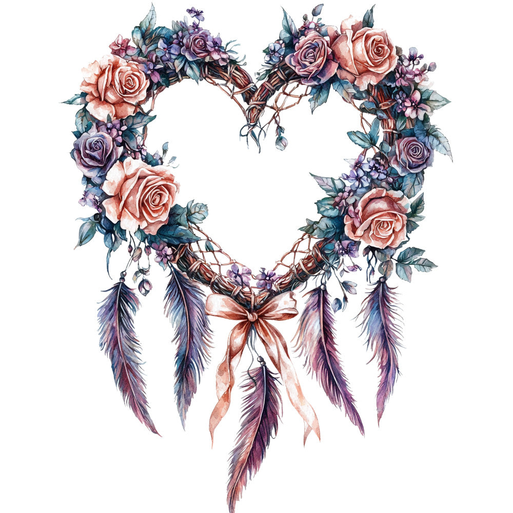 floral dreamcatcher, watercolor style, roses, feathers, heart shaped, pink roses, purple flowers, blue leaves, coral pink, lavender, teal, fabric panel, quilting cotton, boho design, romantic florals, native inspired, whimsical art, soft pastels, botanical elements, decorative wreath