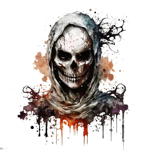 skull, skeleton, goth, gothic, dark art, watercolor, splatter, abstract, black, white, gray, grey, rust, burnt orange, deep red, burgundy, earthy tones, horror, spooky, macabre, edgy, modern, artistic, ink splash, dripping paint, memento mori, halloween, dark theme, alternative style, edgy fashion