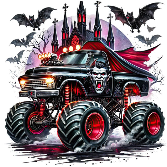 black, red, purple, pink, gold, glowing lights, monster truck, vampire, gothic castle, bats, horror, halloween, spooky, supernatural, undead, creepy, dark fantasy, edgy, bold, dramatic, villain, haunted, sinister, monster, demonic, night sky, flying creatures, gothic architecture, metal studs, flames