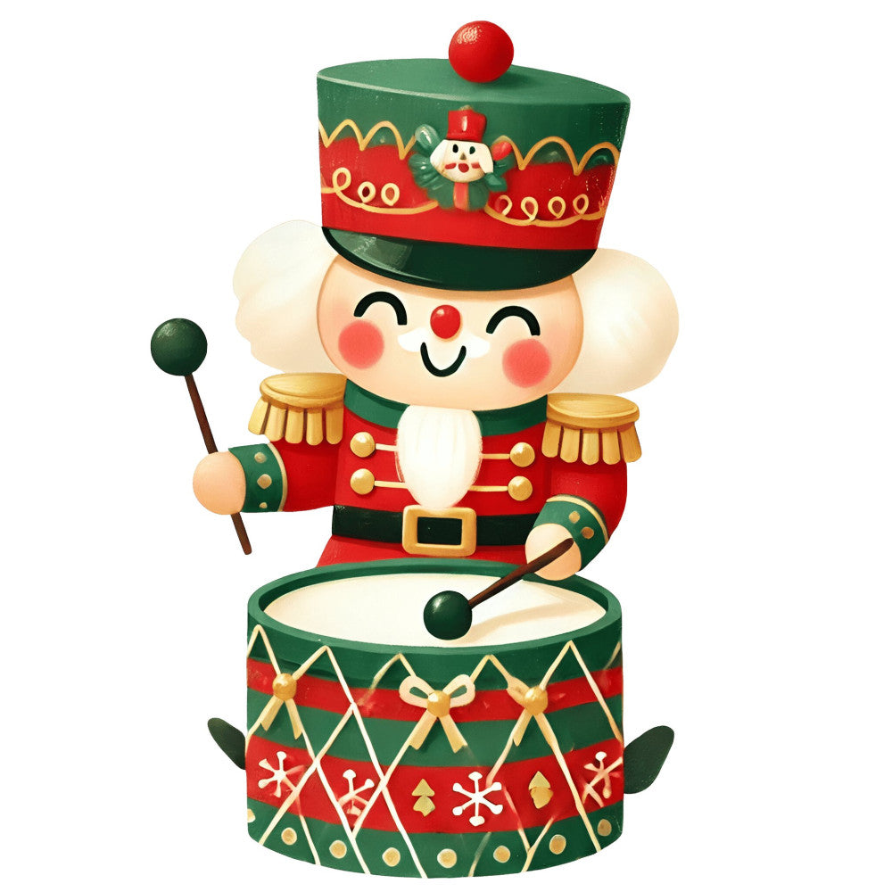 nutcracker, holiday, christmas, festive, toy soldier, drummer, red, forest green, gold, cream, traditional, whimsical, vintage, nostalgic, children's, kids, seasonal, winter, decoration, drum, marching band, military, striped, geometric, gold accents, black belt, rosy cheeks, cute, playful, novelty