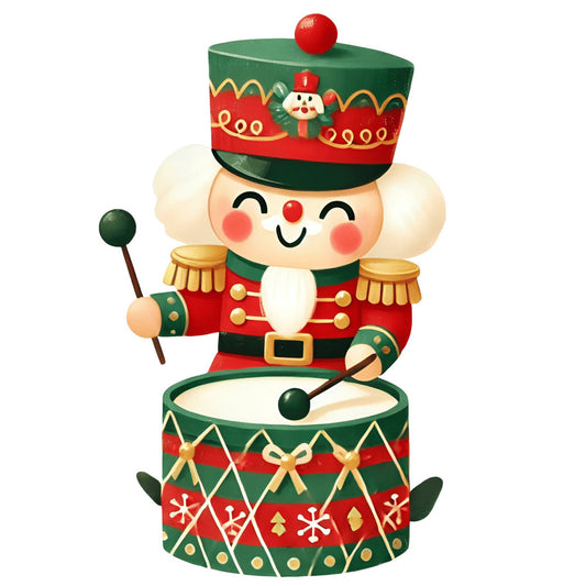 nutcracker, holiday, christmas, festive, toy soldier, drummer, red, forest green, gold, cream, traditional, whimsical, vintage, nostalgic, children's, kids, seasonal, winter, decoration, drum, marching band, military, striped, geometric, gold accents, black belt, rosy cheeks, cute, playful, novelty