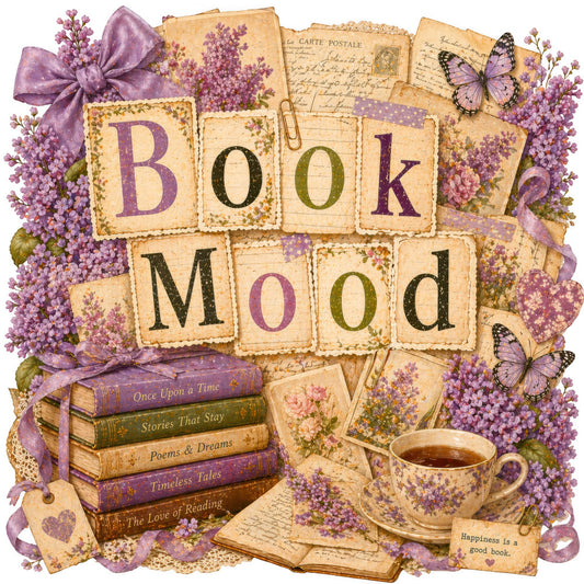 lavender purple, dusty rose, cream, vintage, floral, butterflies, books, literary, reading, antique, botanical, romantic, whimsical, elegant, nostalgia, stacked books, postcards, tea cup, nature, spring, classic, cottagecore, book lover, library, steampunk, ornate, feminine, decorative, illustration