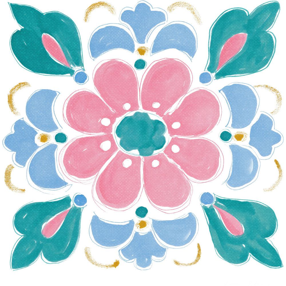 teal, pink, periwinkle blue, dusty rose, turquoise, gold accents, floral, geometric, symmetrical, mandala, botanical, nature, spring, summer, whimsical, modern, traditional, elegant, folk art, decorative flowers, petals, leaves, ornamental, vibrant, colorful, baby quilt, wall hanging, home decor, timeless, cheerful