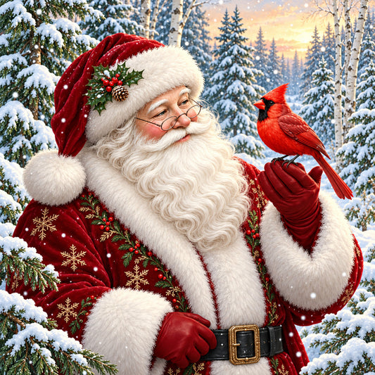 santa, christmas, holiday, winter, red, cream, white, ivory, gold, forest green, jolly, traditional, festive, whimsical, cardinal bird, pinecone, holly, snow-covered trees, evergreen, seasonal, december, vintage christmas, classic santa, bearded, nostalgic, elegant, magical, snowy forest, nature-inspired, christmas panel
