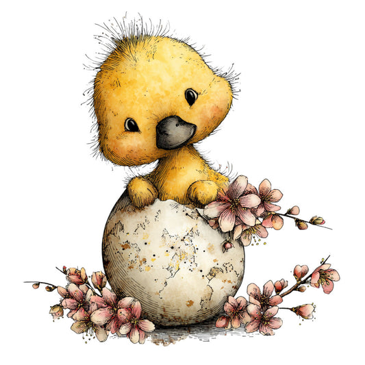 yellow chick, cream egg, soft pink flowers, spring, baby, nursery, easter, whimsical, cute animals, newborn, gentle, pastel colors, floral, nature, children's, baby quilt, wall hanging, adorable, sweet, delicate, blush pink, soft yellow, gold, spring florals, hatching, new beginnings, innocence, soft style, vintage illustration, storybook