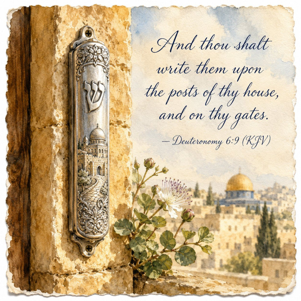 cream, tan, beige, gold, blue-gray, earthy tones, architectural, religious, hebrew, jewish, menorah, dome of the rock, jerusalem, vintage, traditional, elegant, rustic, spiritual, cultural, middle eastern, desert landscape, wildflowers, botanical, inspirational quote, scripture, typography, heritage, timeless, decorative, wall hanging