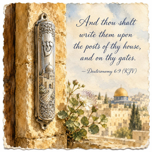 cream, tan, beige, gold, blue-gray, earthy tones, architectural, religious, hebrew, jewish, menorah, dome of the rock, jerusalem, vintage, traditional, elegant, rustic, spiritual, cultural, middle eastern, desert landscape, wildflowers, botanical, inspirational quote, scripture, typography, heritage, timeless, decorative, wall hanging