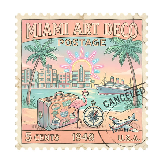 miami, art deco, vintage, postage stamp, 1948, flamingo, tropical, palm trees, cruise ship, airplane, suitcase, compass, beach, coastal, pastel pink, coral, turquoise, mint green, cream, yellow, nautical, travel, retro, whimsical, 1940s, sun motif, art deco style, seaside, wanderlust, vacation theme