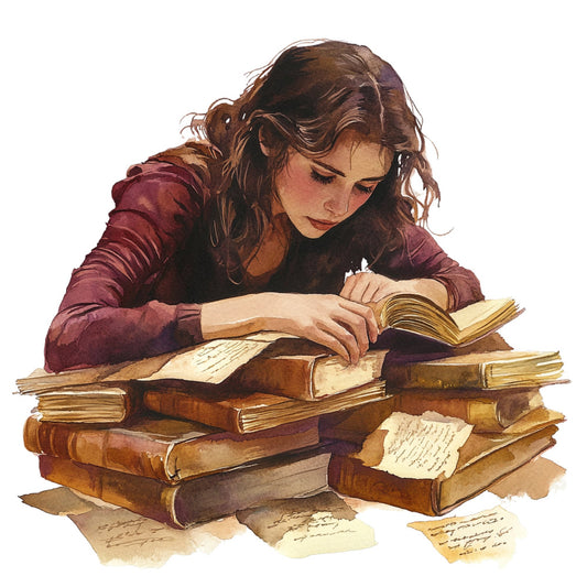burgundy, wine red, brown, tan, cream, reading, books, vintage books, literary, education, scholar, girl, woman, portrait, figure, antique books, old books, stacked books, knowledge, learning, intellectual, nostalgic, vintage aesthetic, traditional, elegant, classic literature, bookish, academic, whimsical, story time