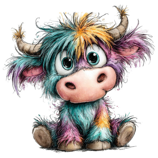 colorful, whimsical, cute animal, highland cow, teal, purple, pink, orange, gold, pastel colors, illustration, children's, playful, friendly face, big eyes, horns, hairy texture, artistic, watercolor style, nursery, kids' decor, baby quilt, wall hanging, magical, fantastical, folk art, boho, character panel, animal portrait