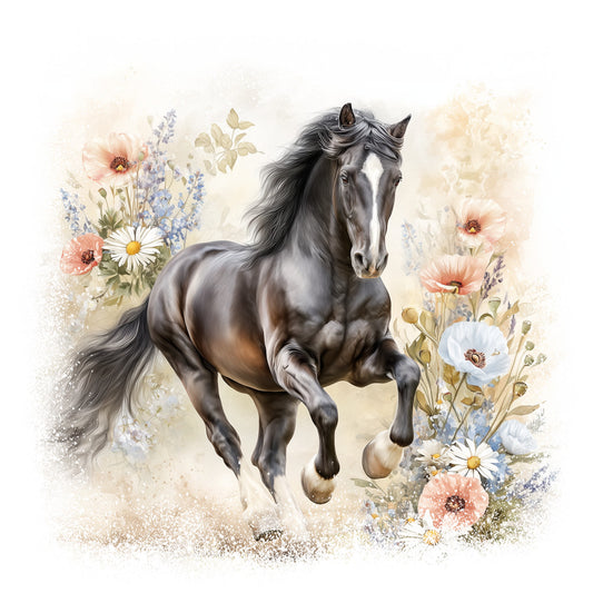 horse, galloping horse, floral design, wildflowers, daisies, poppies, lavender, gray horse, brown tones, peach flowers, white flowers, blue flowers, flowing mane, fabric panel, quilting cotton, watercolor style, soft pastels, cream background, nature scene, equestrian theme, botanical elements, artistic illustration