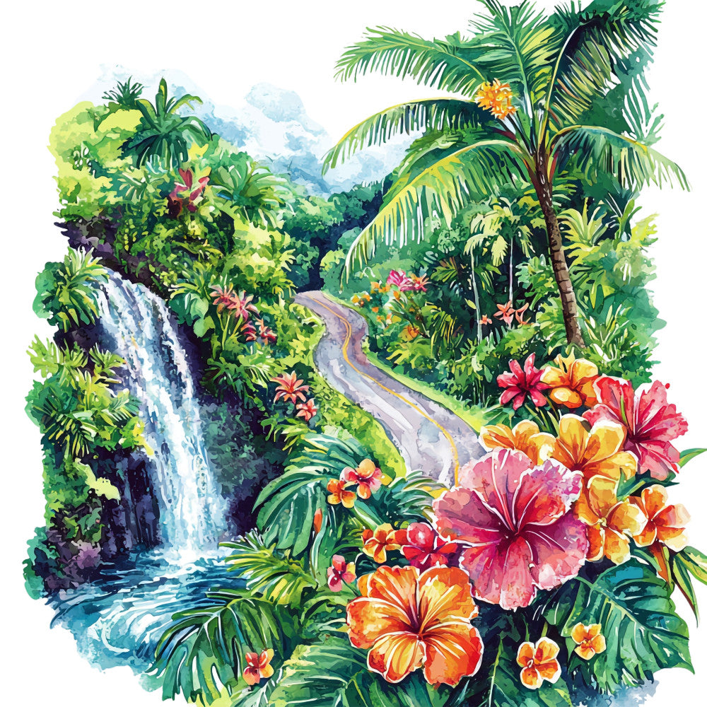 tropical paradise, hawaiian scene, watercolor style, hibiscus flowers, palm trees, waterfall, winding road, lush greenery, vibrant colors, pink flowers, orange blooms, yellow accents, turquoise water, emerald green, fabric panel, quilting cotton, island landscape, exotic flora, cascading water, tropical foliage