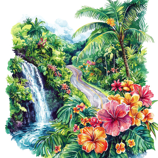tropical paradise, hawaiian scene, watercolor style, hibiscus flowers, palm trees, waterfall, winding road, lush greenery, vibrant colors, pink flowers, orange blooms, yellow accents, turquoise water, emerald green, fabric panel, quilting cotton, island landscape, exotic flora, cascading water, tropical foliage