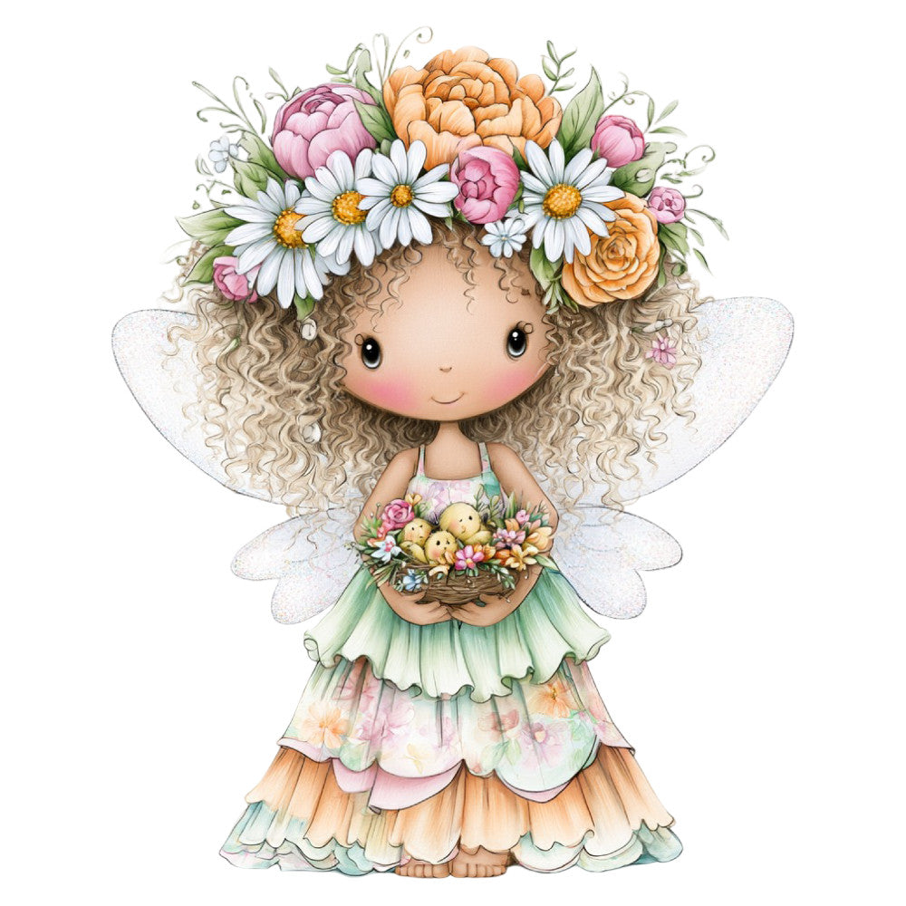 fairy, flower fairy, whimsical, nature, floral, spring, summer, baby, children, girl, wings, fairy wings, daisies, roses, peonies, peach, coral pink, dusty rose, pale green, cream, golden yellow, pastel, gentle, sweet, nursery, baby quilt, wall hanging, storybook, fantasy, magical
