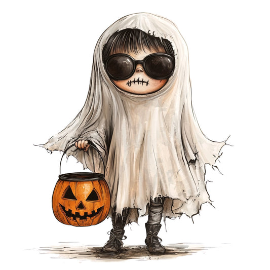 halloween, ghost, trick-or-treat, pumpkin, jack-o-lantern, spooky, creepy, costume, white, orange, black, stitched mouth, sunglasses, cool ghost, whimsical, autumn, fall, holiday, children's, kids, costume party, festive, fun, playful, cute spooky, candy bucket, monster, witchy, seasonal decoration