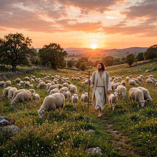 shepherd, pastoral, countryside, sunset, golden hour, warm tones, cream, beige, sage green, soft gold, orange, rolling hills, landscape, farm, nature, rustic, peaceful, serene, biblical, religious, spiritual, farmhouse, traditional, scenic, person with sheep, grazing animals, mountain landscape, tranquil, charming, vintage inspired
