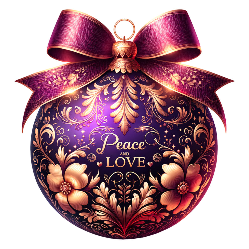 christmas ornament, purple gradient, burgundy ribbon, gold accents, floral motifs, decorative swirls, ornate patterns, peace and love text, fabric panel, holiday themed, copper tones, metallic highlights, bow design, festive ornament, quilting cotton, seasonal craft, elegant styling, violet hues, rose gold trim, christmas crafting