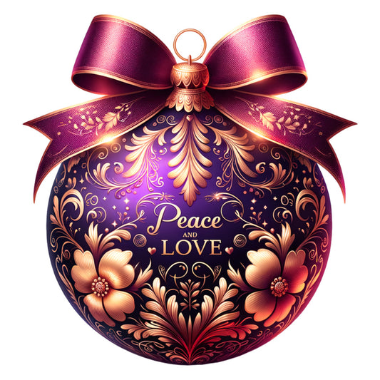 christmas ornament, purple gradient, burgundy ribbon, gold accents, floral motifs, decorative swirls, ornate patterns, peace and love text, fabric panel, holiday themed, copper tones, metallic highlights, bow design, festive ornament, quilting cotton, seasonal craft, elegant styling, violet hues, rose gold trim, christmas crafting
