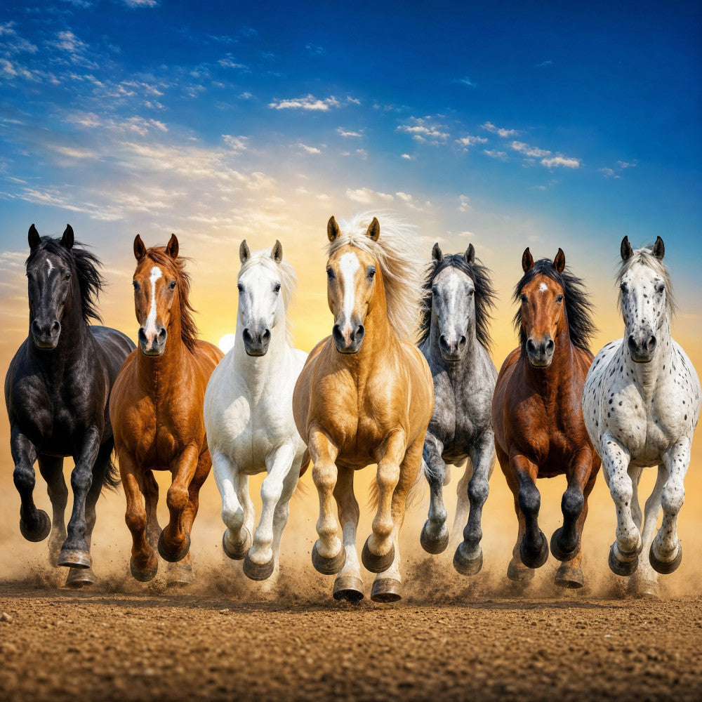 horses, running horses, galloping horses, horse herd, wild horses, mustangs, equestrian, brown horses, black horses, white horses, tan horses, gray horses, multi-colored horses, sunset, golden hour, desert landscape, dust, dusty, nature, animal themed, rustic, western, farmhouse, ranch, dynamic action, movement, dramatic sky, blue sky, clouds, outdoor scene