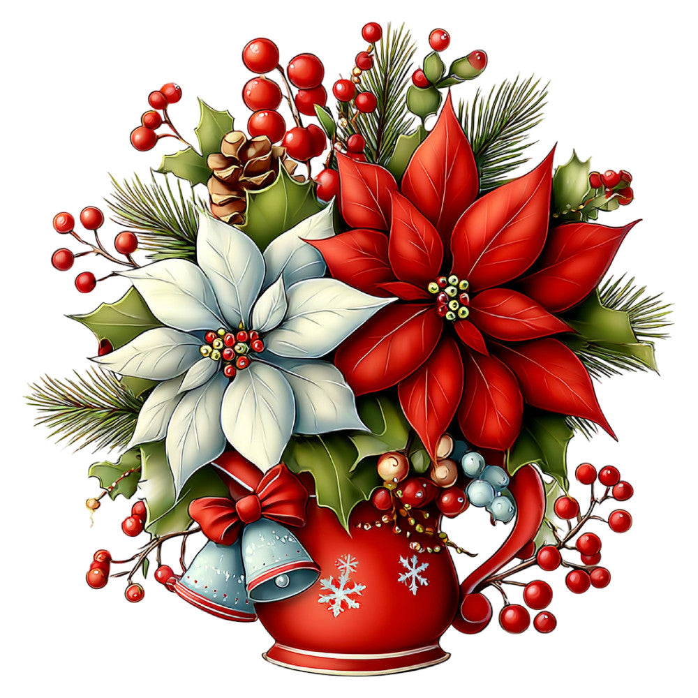 christmas, holiday, poinsettia, white poinsettia, red poinsettia, festive, evergreen, pine needles, holly, berries, red berries, winter, seasonal, elegant, traditional, decorative, floral, flower arrangement, bells, ribbon, snowflakes, red and white, cream, forest green, gold accents, vintage holiday, classic christmas, botanical, nature-inspired, wall hanging