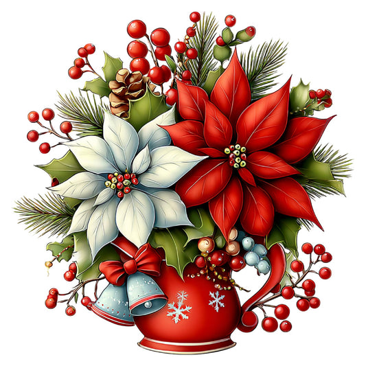christmas, holiday, poinsettia, white poinsettia, red poinsettia, festive, evergreen, pine needles, holly, berries, red berries, winter, seasonal, elegant, traditional, decorative, floral, flower arrangement, bells, ribbon, snowflakes, red and white, cream, forest green, gold accents, vintage holiday, classic christmas, botanical, nature-inspired, wall hanging