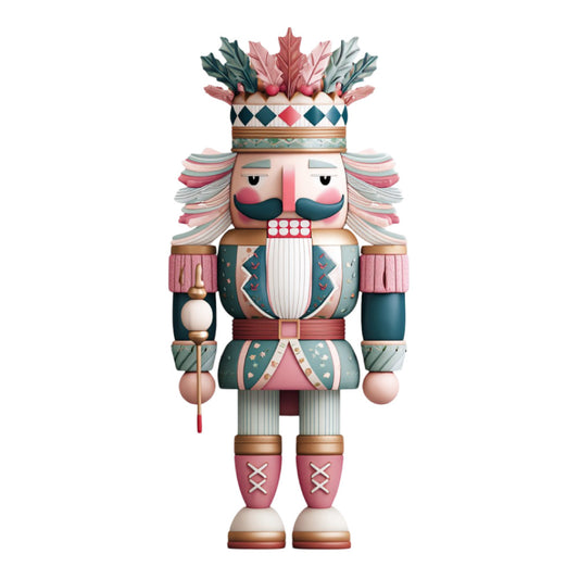 nutcracker, holiday, christmas, whimsical, teal, dusty rose, coral pink, forest green, cream, geometric, diamond pattern, striped, vintage, traditional, festive, toy soldier, decorative figure, winter, seasonal, elegant, folk art, cultural, statement piece, home decor, wall hanging, novelty print, playful, classic, retro, ornamental