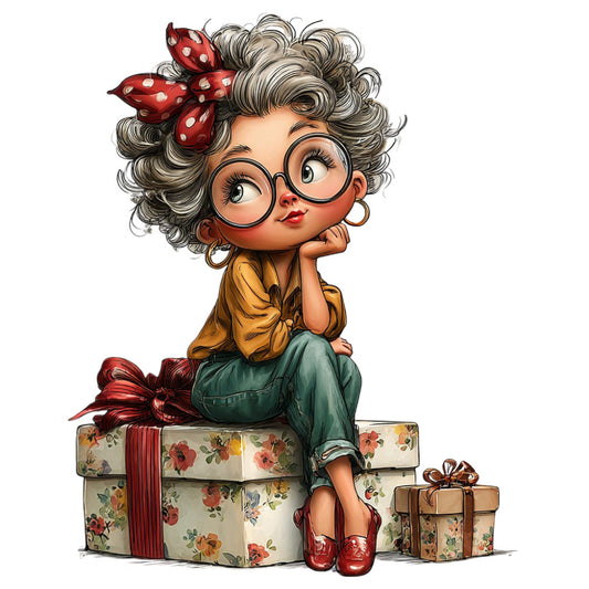 retro girl, vintage character, polka dot bow, glasses, curly hair, mustard yellow, forest green, burgundy red, floral print gifts, whimsical, retro fashion, 1950s style, pin-up inspired, character panel, nostalgic, playful, quirky girl, red polka dots, gift boxes, feminine style, vintage inspired, whimsy character, classic retro, charming design, adorable girl, decorative panel, children's fabric, novelty print, vintage charm