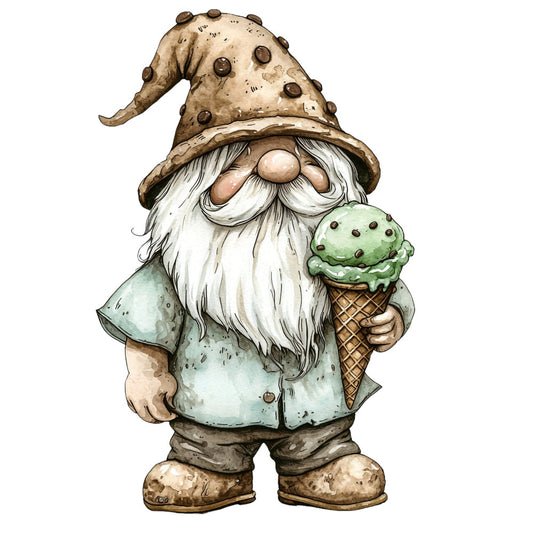 gnome, whimsical, ice cream cone, mint green, sage green, cream, beige, tan, brown, rustic, vintage, fairy tale, garden gnome, storybook, children's, playful, fantasy, cottage core, folk art, decorative, novelty, character, illustrated, watercolor style, spring, summer, wall hanging, home decor