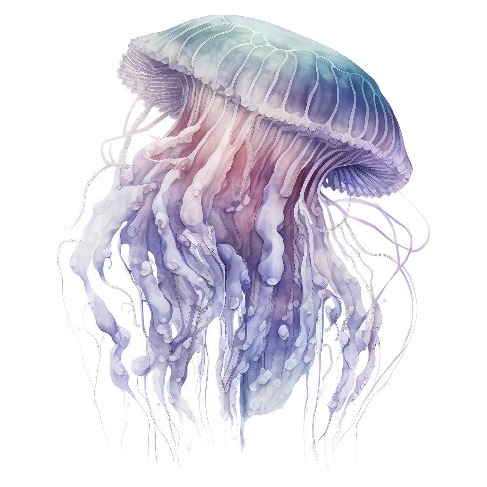 jellyfish, ocean, sea life, marine, aquatic, purple, lavender, violet, pink, coral, blue, watercolor, gradient, ombre, nature, underwater, whimsical, ethereal, translucent, flowing, soft, delicate, coastal, nautical, modern, artistic, dreamy, celestial, iridescent, wall hanging