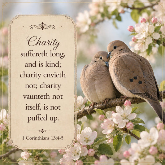 inspirational, scripture, birds, doves, blossoms, spring flowers, floral, cherry blossoms, pink buds, white flowers, cream background, vintage, elegant, romantic, inspirational quote, 1 corinthians, charity, peaceful, nature, garden, botanical, traditional, religious, faith-based, soft colors, pastel, delicate, love, kindness, wall hanging