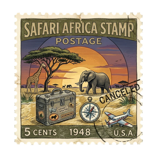 safari, africa, vintage, travel, adventure, postage stamp, giraffe, elephant, acacia tree, sunset, orange, gold, tan, brown, forest green, airplane, compass, suitcase, animals, wildlife, retro, 1948, exploration, expedition, nostalgic, whimsical, themed, nature, wanderlust, collectible
