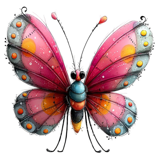 butterfly, magenta pink, coral orange, dusty blue, golden yellow, whimsical, nature, insects, hand-painted, watercolor style, decorative dots, jeweled tones, spring, summer, children's design, fantasy, magical, artistic, illustrated, dimensional wings, spotted pattern, bold colors, vibrant, garden theme, creative, playful, novelty print, nature lovers, accent fabric
