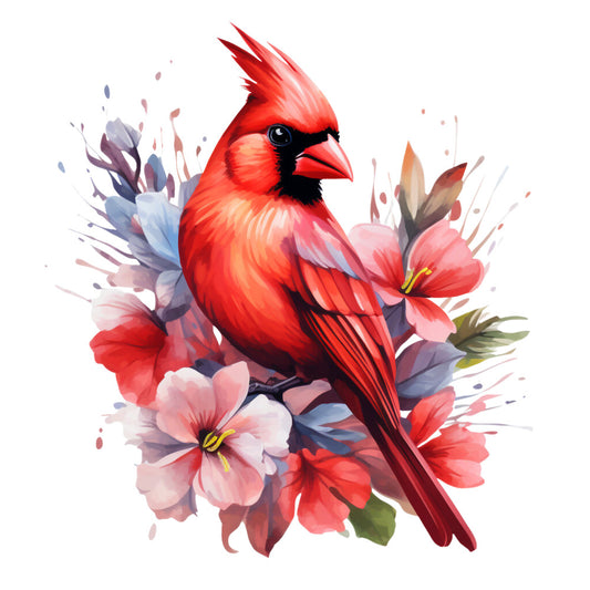 red cardinal, bird, floral, flowers, pink blooms, coral flowers, watercolor style, nature, wildlife, fabric panel, quilting cotton, spring theme, botanical, feathers, crest, beak, petals, artistic, vibrant red, soft pastels