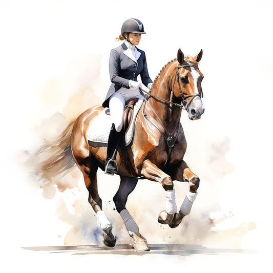 equestrian, horse riding, english riding, dressage, show jumping, horsewoman, rider, chestnut horse, brown horse, navy blue, cream, white, tan, beige, watercolor, sport, athletic, elegant, traditional, classic, sophisticated, equine, competition, western wear, riding helmet, professional, refined, detailed illustration