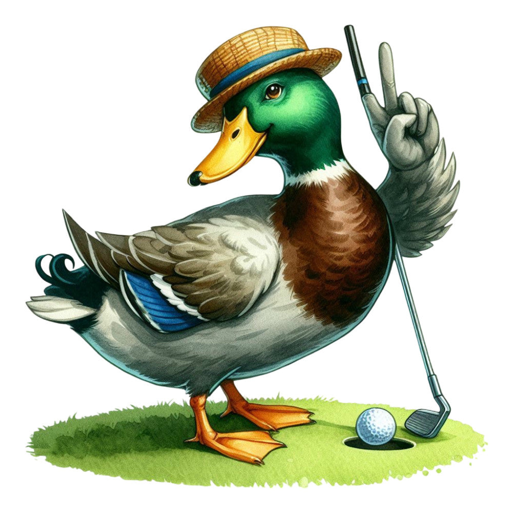 golf duck, mallard, sports, whimsical animals, humorous, straw hat, golf club, golf ball, green grass, forest green, golden yellow, brown, white, cream, blue, orange, vintage style, animal characters, funny animals, nature themed, casual style, playful, quirky, summer, spring, character panel, novelty print, anthropomorphic animals, athletic theme