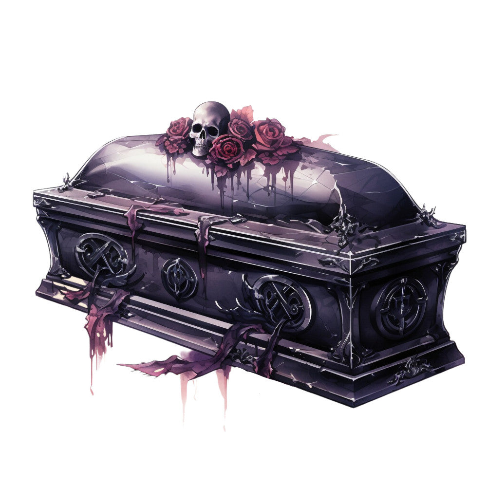 gothic, dark purple, mauve, dusty rose, burgundy red, skull, roses, coffin, casket, ornate, Victorian, elegant, dark romantic, goth, macabre, floral, dripping roses, decorative crosses, alternative, edgy, sophisticated, dark academia, moody, dramatic, Halloween, death, memorial, statement print, bold design