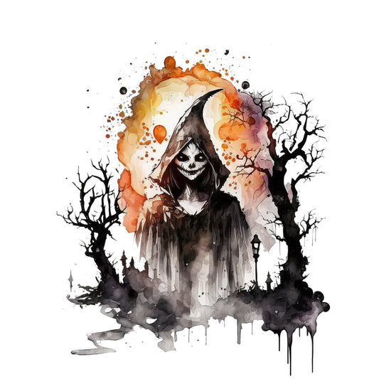 skeleton, grim reaper, gothic, dark, watercolor, halloween, horror, spooky, autumn, fall, orange, black, gray, charcoal, cream, muted tones, abstract splatter, dead trees, bare branches, haunted, eerie, moody, artistic, contemporary, dark fantasy, ink wash, dramatic, cemetery, macabre, death theme