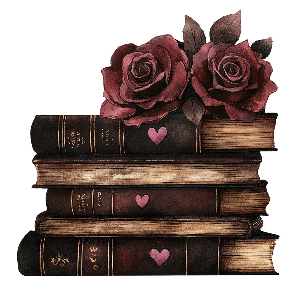 burgundy roses, deep red flowers, vintage books, stacked books, pink hearts, dark romance, gothic aesthetic, maroon petals, brown leaves, antique binding, literary theme, romantic motif, fabric panel, quilting cotton, moody floral, vintage style, book lover, dark academia, romantic gothic, burgundy color palette
