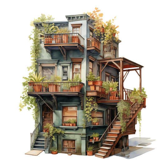 sage green, rust orange, terracotta, forest green, cream, architectural, building, townhouse, urban, vintage, rustic, steampunk, industrial, botanical, climbing vines, ivy, potted plants, autumn foliage, fall colors, victorian, cottage core, whimsical, detailed, illustration, multi-level, staircase, balconies, windows, doors, nature-inspired