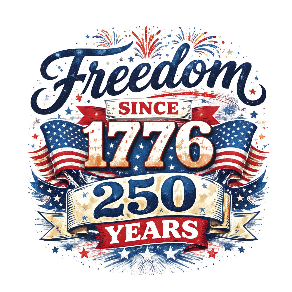 freedom since 1776, patriotic, 250 years, american flag, red white blue, navy blue, stars, fireworks, independence day, fourth of july, usa, united states, celebratory, vintage americana, retro patriotic, banner ribbons, stars and stripes, memorial day, labor day, holiday, patriotic theme, american pride, cream beige, gold accents, festive, decorative, wall hanging, commemorative, history themed