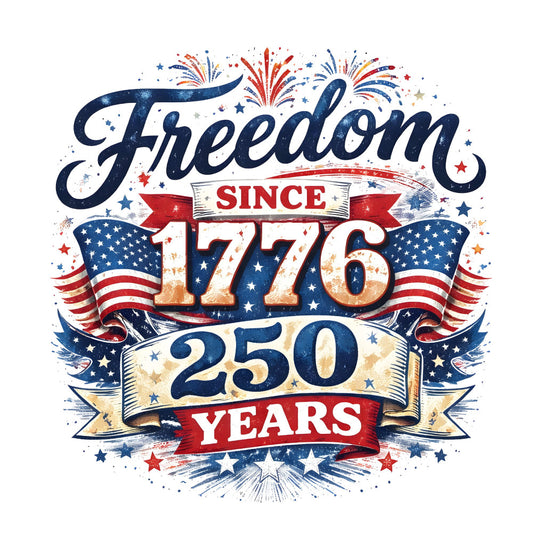 freedom since 1776, patriotic, 250 years, american flag, red white blue, navy blue, stars, fireworks, independence day, fourth of july, usa, united states, celebratory, vintage americana, retro patriotic, banner ribbons, stars and stripes, memorial day, labor day, holiday, patriotic theme, american pride, cream beige, gold accents, festive, decorative, wall hanging, commemorative, history themed
