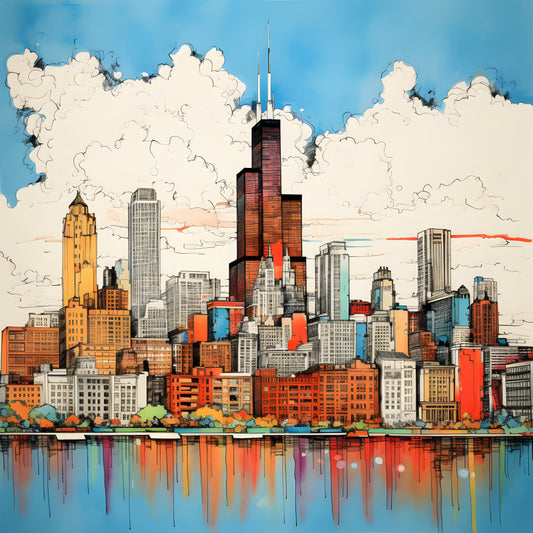 chicago skyline, urban landscape, city buildings, architectural, modern cityscape, skyscraper, waterfront scene, blue sky, white clouds, orange buildings, red brick, golden yellow, turquoise blue, coral orange, navy blue, gray buildings, reflection, water reflection, contemporary art style, illustration style, travel theme, metropolitan, downtown, city lover, urban art, home decor, wall hanging, artistic, colorful buildings, scenic landscape