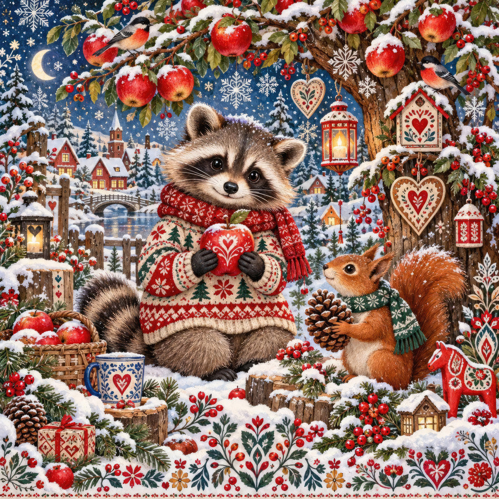 winter holiday, christmas, raccoon, squirrel, snow, red and cream, navy blue, forest green, gold accents, festive, traditional, whimsical, rustic, scandinavian, folk art, heart motifs, snowflakes, apples, gingerbread houses, pine cones, berries, woodland animals, cozy, vintage-inspired, decorative ornaments, winter village, red sweater, nature themed, seasonal, wall hanging
