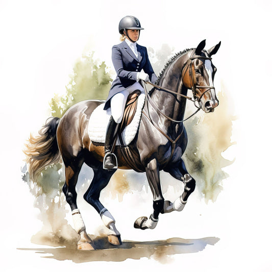 equestrian, horse, dressage, hunter, jumping, navy blue, cream, tan, brown, gold, white, elegant, traditional, sporting, leisure, animal, portrait, watercolor, realistic, detailed, english riding, horsewoman, rider, saddle, bridle, classic, refined, timeless, equine sports