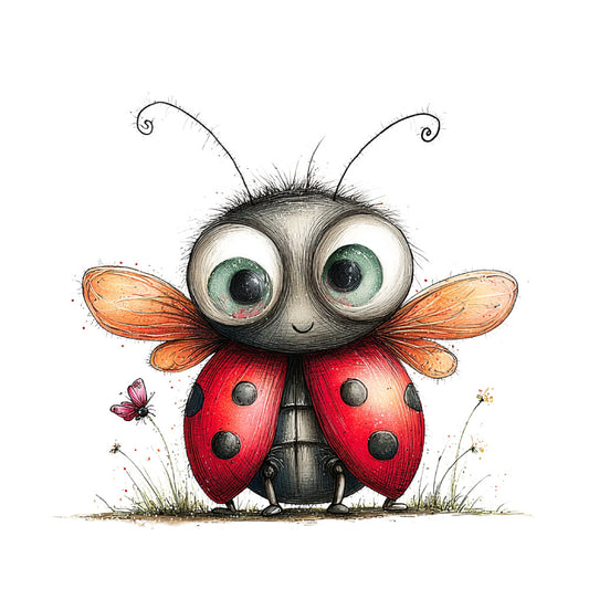 whimsical, ladybug, insects, nature, children's, cute, big eyes, red, orange, coral, green, sage green, black, charcoal, illustration, storybook, animals, spring, summer, garden, flowers, butterflies, playful, modern, quirky, nursery, baby, wall art, decorative