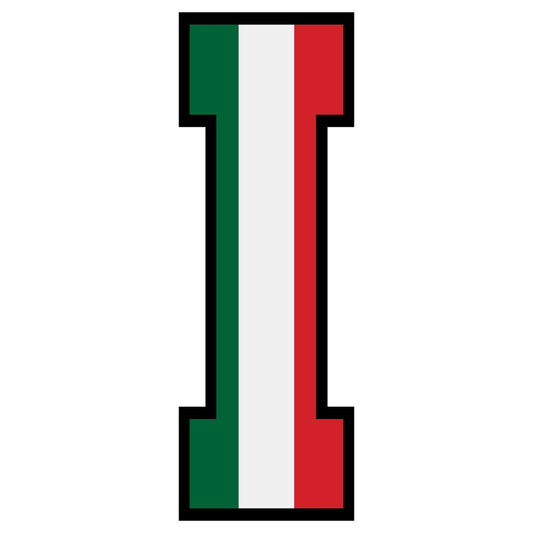 green, white, red, italian flag colors, letter i, alphabet panel, fabric panel, patriotic, national colors, tricolor stripes, bold letter, educational, learning fabric, cotton fabric, quilting panel, craft fabric, sewing material, children's fabric, geometric design, vertical stripes