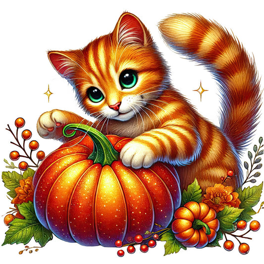 orange cat, pumpkin, autumn, fall, halloween, thanksgiving, harvest, whimsical, cute animals, golden yellow, burnt orange, deep red, emerald green, cream white, berries, leaves, nature, seasonal, festive, decorative, playful, folk art style, rustic, country, garden, flora, sparkly, glitter effect, cat with pumpkin, holiday