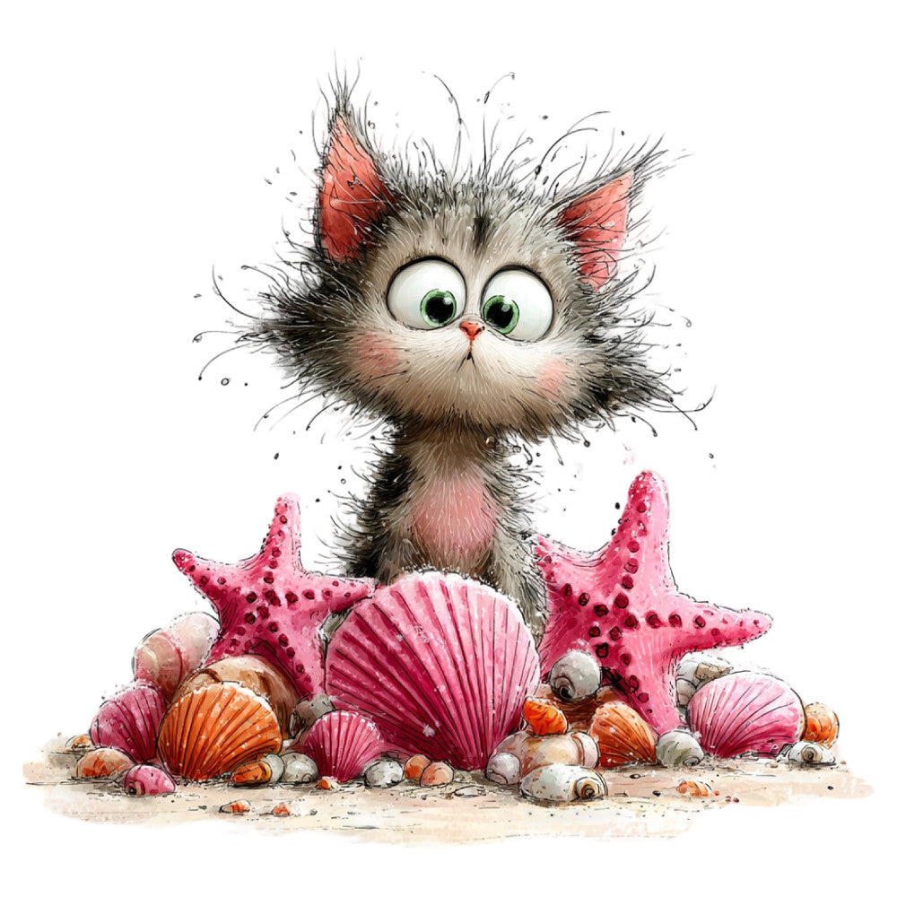 whimsical cat, fluffy kitten, ocean theme, nautical, coastal, starfish, seashells, shell motifs, coral pink, hot pink, magenta, gray, cream, white, sand beige, tan, green eyes, playful animals, whimsical style, children's design, beach themed, seaside, underwater inspired, cute characters, illustration style, watercolor effect, summer, tropical, playful expression, kid-friendly