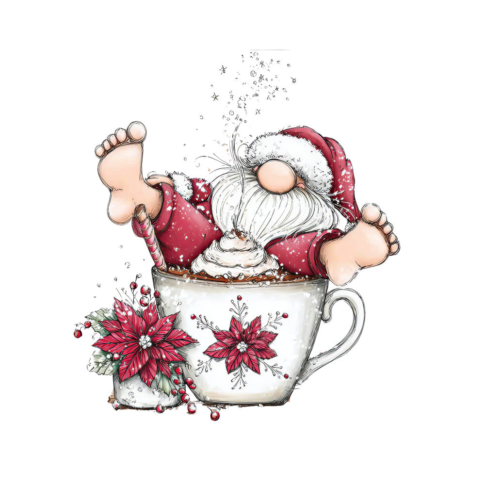 whimsical gnome, christmas mug, red santa hat, white beard, poinsettia flowers, hot cocoa, fabric panel, holiday design, festive illustration, burgundy red, cream white, green leaves, bare feet, cozy winter, seasonal motif, quilting cotton, decorative flora, christmas character, warm beverage, holiday fabric